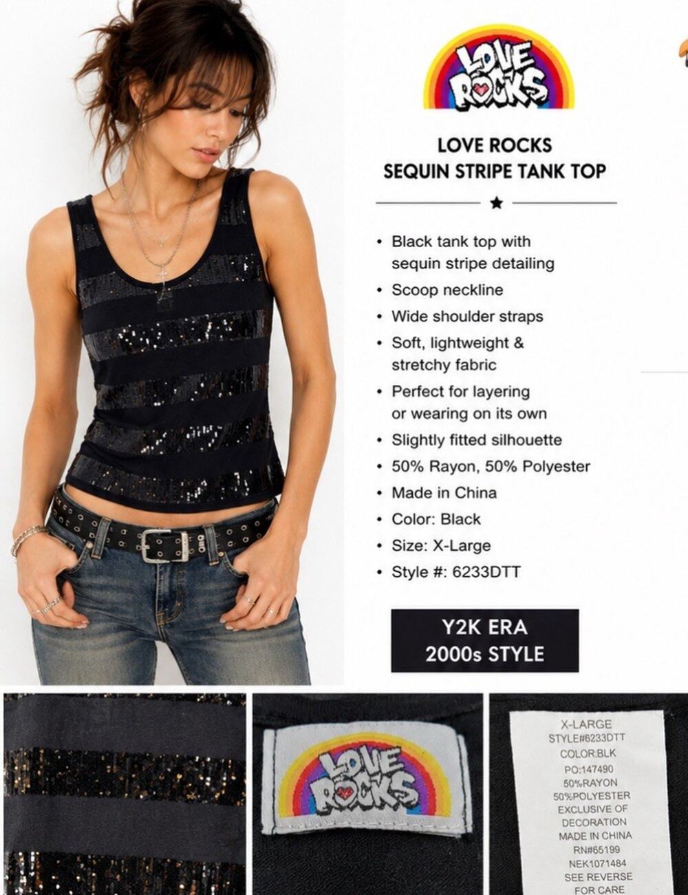 Y2K Indie Sleaze Layering Love Rocks Sequin Stripe Tank Top Size XL Black 2000s